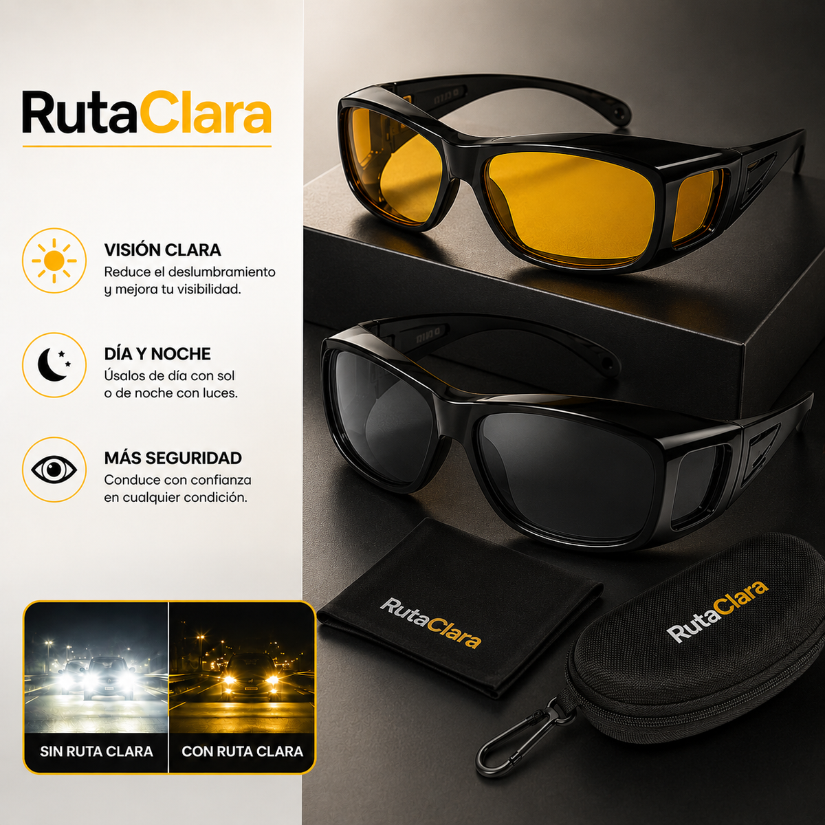 RutaClara - Lentes 2x1 día y noche antirreflejo para conducir, con estuche y paño de limpieza - TodoFullChile-Tienda